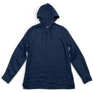 Onia Hooded Linen Pullover Shirt Navy Blue Medium